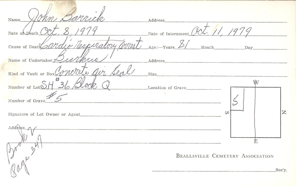 John Barrick burial card